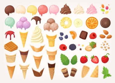Elements to create your own ice cream. Ice cones, cups, scoops and toppings.  clipart