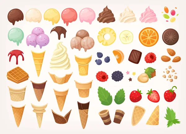 Elementos para crear tu propio helado. Conos de hielo, tazas, cucharadas y coberturas . — Vector de stock