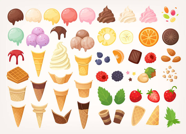 Elements to create your own ice cream. Ice cones, cups, scoops and toppings. 
