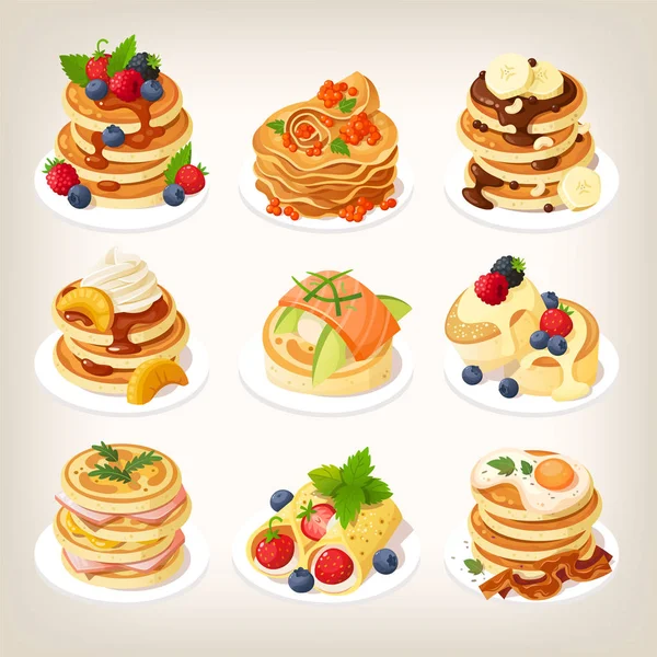 Набор Вкусных Блинных Блюд Подается Завтрак Изолированные Векторные Иллюстрации — стоковый вектор