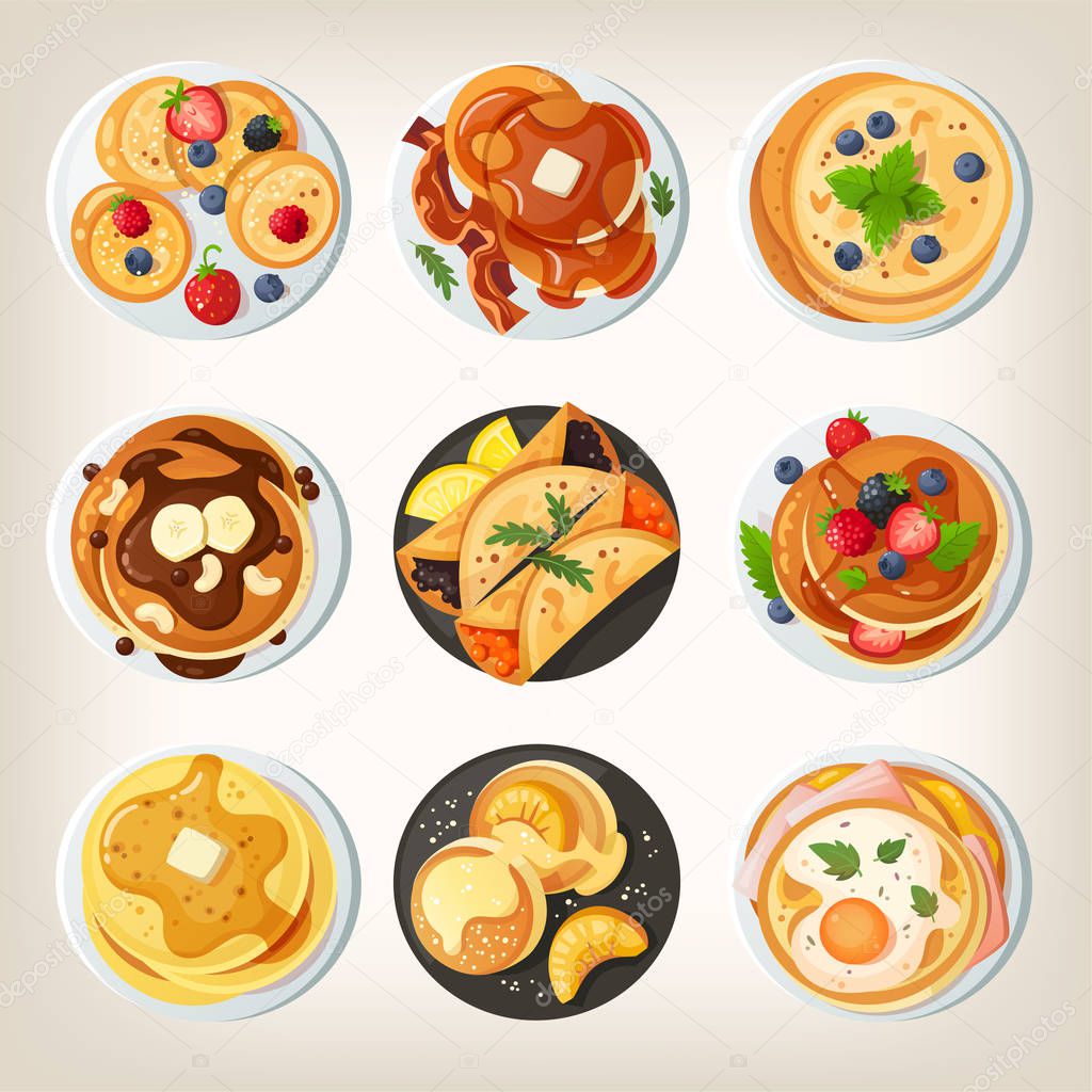 Set of delicious pancake dishes. Isolated vector images. View from above.