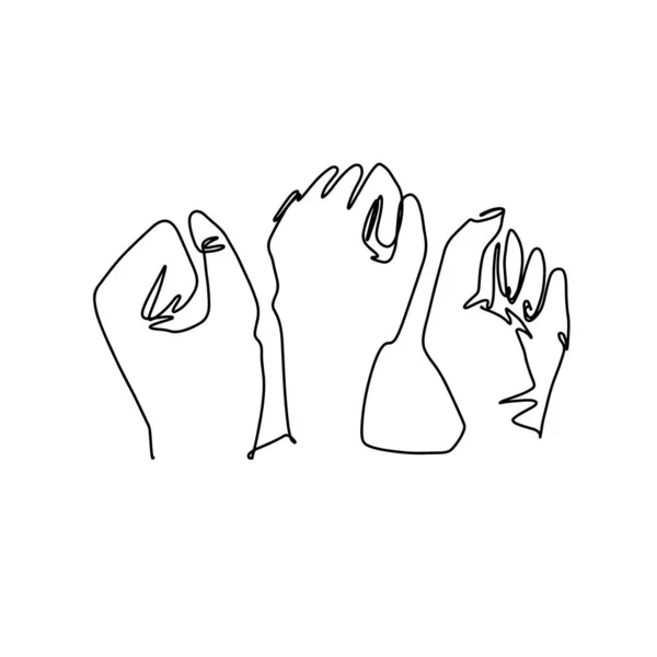 Hands with clenched fingers in one line art style. Continuous line drawing fists. Protest or revolution concept. Hand drawn vector illustration on white bacground — Stock Vector