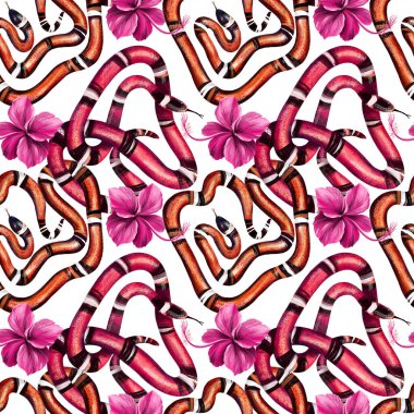 Kral yılanlı ve koyu arkaplanlı pembe amberli egzotik desenler. El çizimi illüstrasyon.