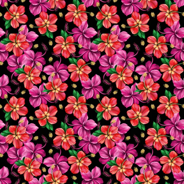 Floral digital pattern with Hibiscus on black background. Seamless summer tropical fabric design. Hand drawn illustration