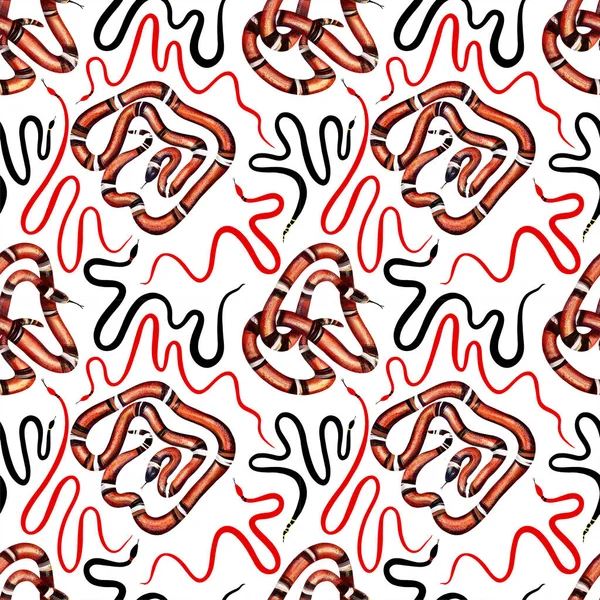 Екзотичний візерунок безшовний з королівськими мексиканськими, червоними та чорними зміями на білому тлі. Мальована рука ілюстрація — стокове фото