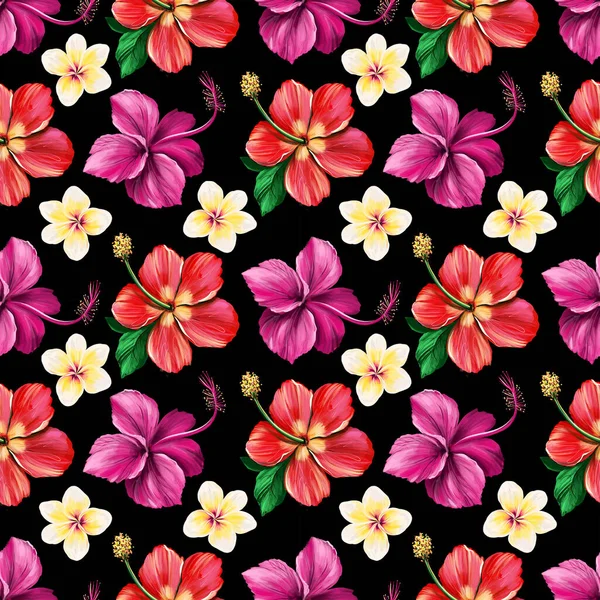 Kwiatowy cyfrowy wzór z Hibiscus na czarnym tle. Płynny letni projekt tropikalnej tkaniny. Ręcznie rysowane ilustracje — Zdjęcie stockowe