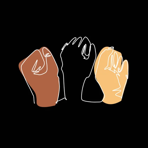 手紧紧抓住手指在一条线艺术风格 连续画线拳头 抗议或革命的概念 用手绘的矢量图显示黑色杆菌群 — 图库矢量图片