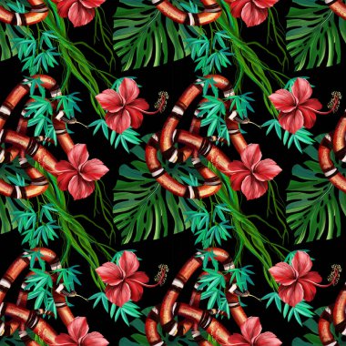 Kral yılanlı ve koyu arkaplanlı pembe amberli egzotik desenler. El çizimi illüstrasyon.