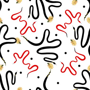 Beyaz arka planda Kral Meksika, kırmızı ve siyah yılanlar olan egzotik desenler. El çizimi illüstrasyon.