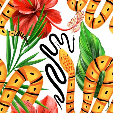 Yılanlı orman deseni, canavar yaprakları, beyaz arka planda kırmızı amber çiçeği.