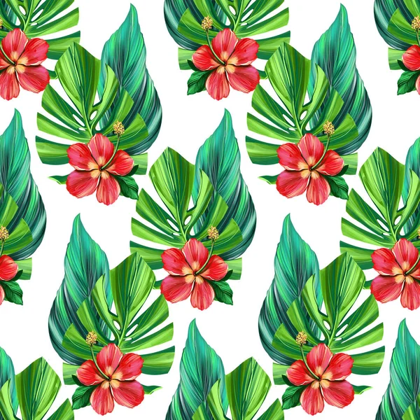 Tropické Digitální Vzor Monstera Palmové Listy Exotické Květiny Ibišek Plumeria — Stock fotografie