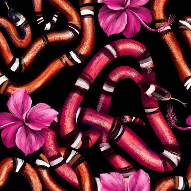 Kral yılanlı ve koyu arkaplanlı pembe amberli egzotik desenler. El çizimi illüstrasyon.