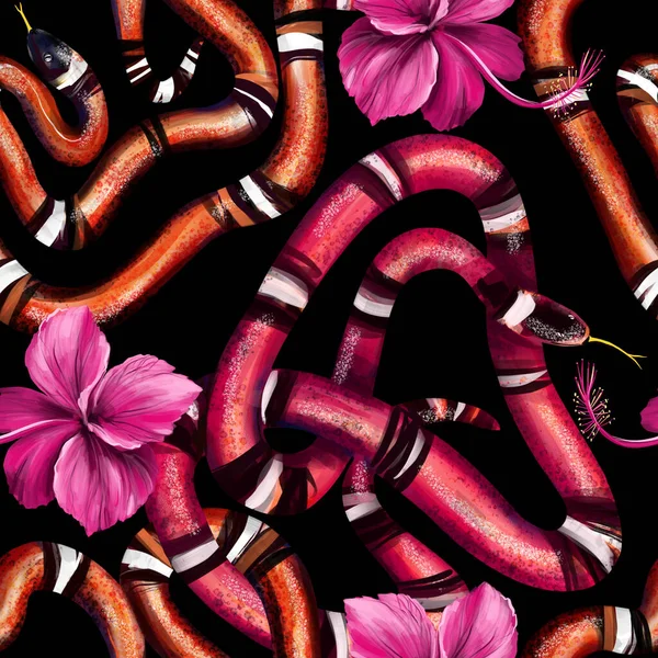 Kral yılanlı ve koyu arkaplanlı pembe amberli egzotik desenler. El çizimi illüstrasyon.