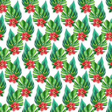 Canavarımsı palmiye yapraklı tropik dijital desen, koyu arkaplanda egzotik çiçek amblemi ve Plumeria. Kusursuz yaz kumaşı tasarımı