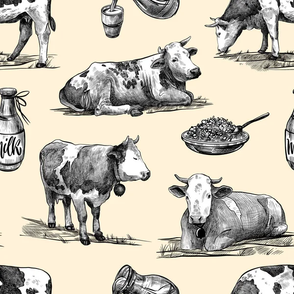 Vacas de fazenda, queijo cottage caseiro, leite mão padrão sem costura desenhado em um estilo gráfico. Ilustração de gravura digital vintage para cartaz, web, embalagem, marca, folheto, impressão. Isolado em pastel — Fotografia de Stock