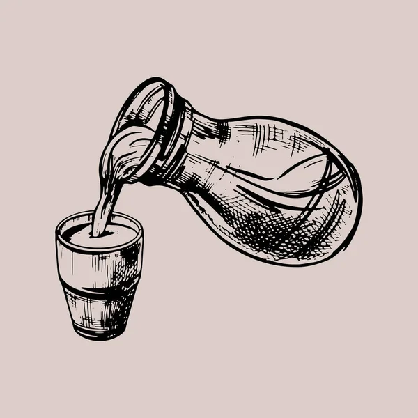 Vaso y jarra de leche dibujada a mano ilustración y letras en estilo gráfico. Vector aislado sobre fondo gris. Póster diseño bebida leche — Vector de stock