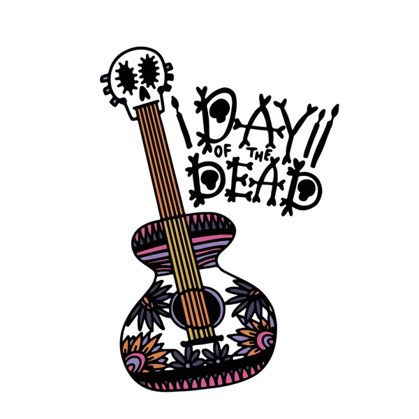 Jour des Morts - croquis et lettrage dessinés à la main pour les vacances mexicaines Dia de los Muertos. Guitare à l'image d'un crâne de sucre, fleurs traditionnelles, bougies. Illustration vectorielle sur blanc isolé — Image vectorielle