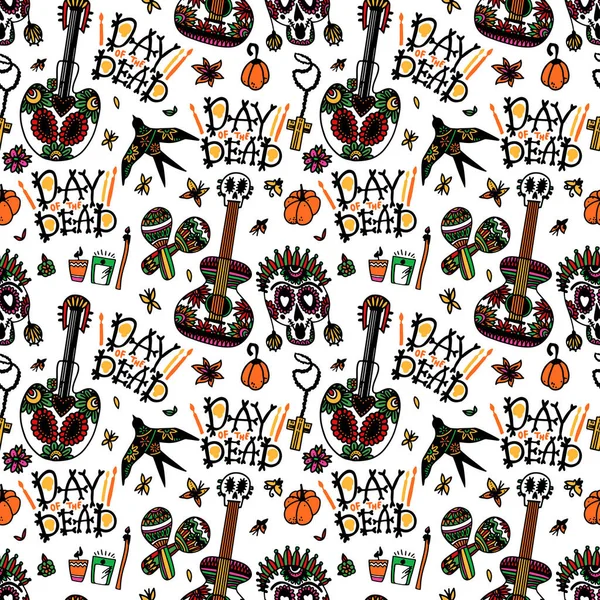 Jour des Morts. Modèle sans couture avec crânes de sucre, maracas, hirondelle, guitare, fleurs et bougies pour les vacances mexicaines Dia de los Muertos. Illustration vectorielle sur fond blanc — Image vectorielle