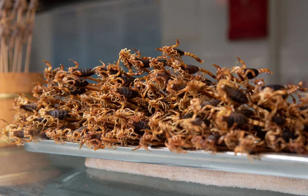 Çubuğun üzerinde Çin 'in Pekin' deki çerez sokağında yenmeye hazır lezzetli akrepler var. Asya mutfağı