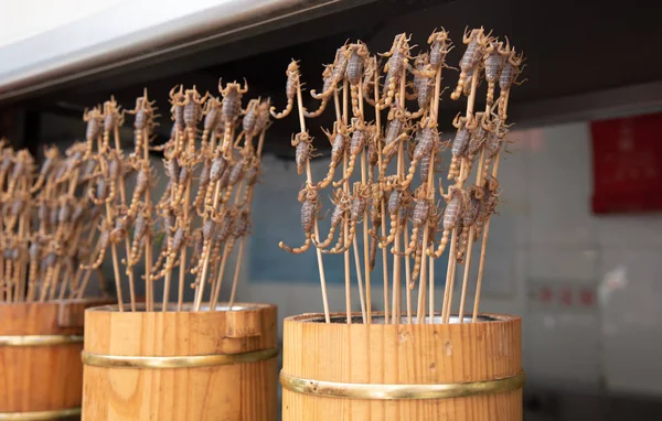 Fried Delicious Scorpions Stick Ready Eaten Snack Street Beijing China — Stock Photo, Image