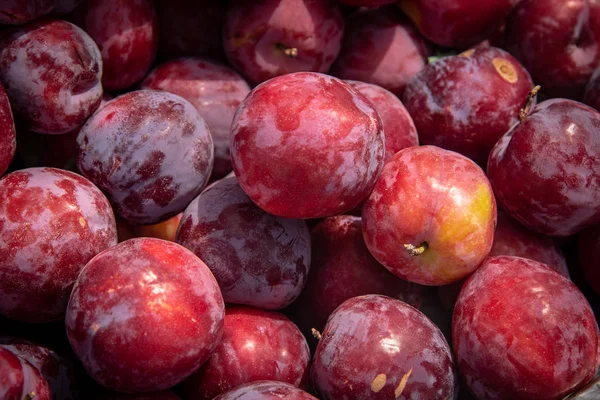 マーケット バスケット容器にいっぱいミックス新鮮な健康的な梅の果実 — ストック写真