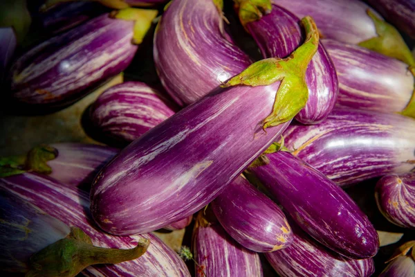 Groep Van Aubergine Verse Gezonde Fruit Een Mand Een Fruitmarkt — Stockfoto