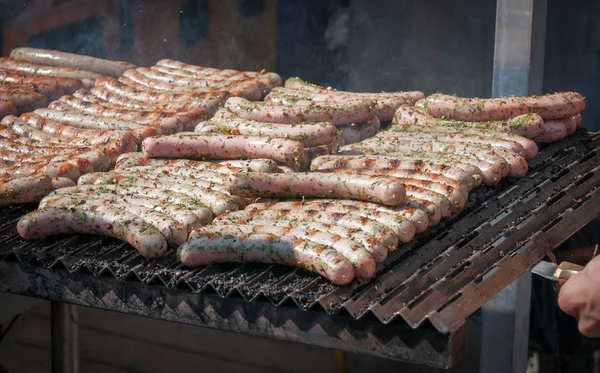 Saucisses Fraîches Francfort Cuites Sur Barbecue — Photo
