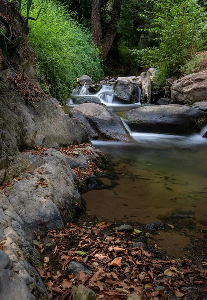 キプロスのトロードスの山脈の Kakopetria 村で秋の黄色の葉の間に流れる小さな滝と牧歌的な穏やかな川 — ストック写真
