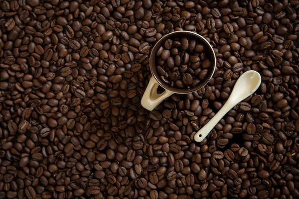 Świeże Ziarna Kawy Brązowy Gotowy Zrobić Pyszne Filiżankę Kawy — Zdjęcie stockowe