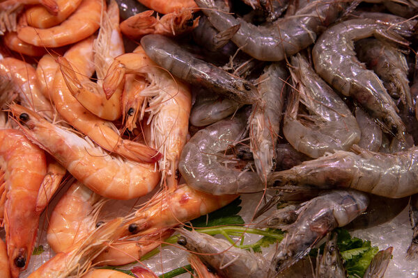 Fresh, delicious, tasting and healthy shrimps on ice ready to be cooked