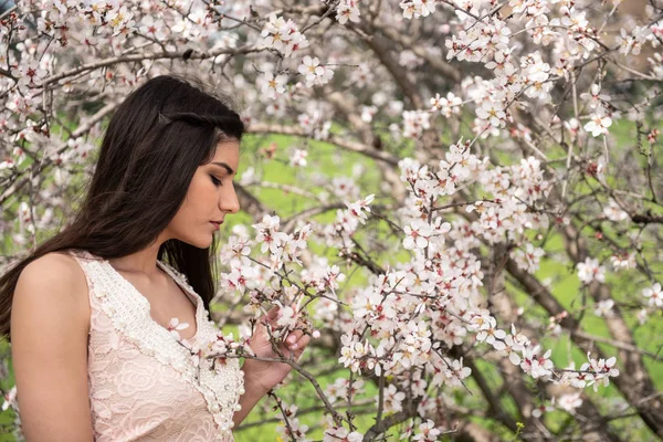 Atraktivní Mladá krásná dáma, ale těší jaro švestka květ f — Stock fotografie