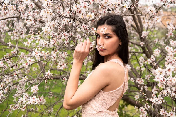 Atractiva joven hermosa dama, disfrutando de flores de ciruela de primavera —  Fotos de Stock