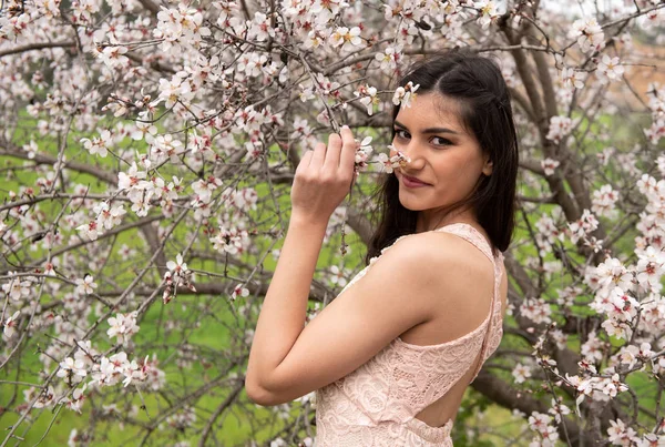 Atraktivní Mladá krásná dáma, ale těší jaro švestka květ fl — Stock fotografie