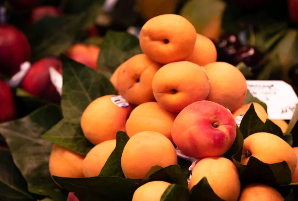 Verse perzik vruchten in een mandje op een fruitmarkt — Stockfoto