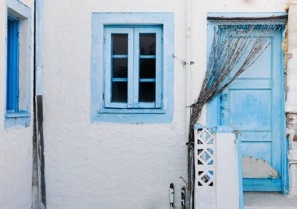 Entrance Typical Greek House Blue Widow Door Santorini Island Greece — Stock Photo, Image