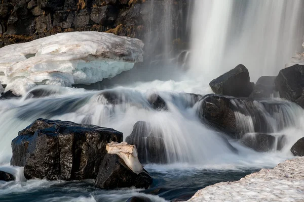 Water from waterfall splashing on a rocky river Iceland — Stock Photo, Image