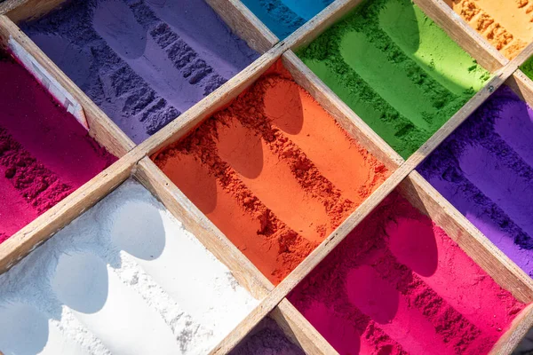 Sammlung Von Pigmenten Verschiedenen Puderfarben Für Das Holi Fest — Stockfoto
