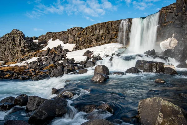 Water from waterfall splashing on a rocky river Iceland — Stock Photo, Image