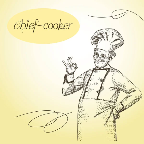 Chef Kok Vintage Handgetekende Vectorillustraties — Stockvector