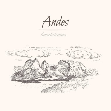 Andes. Stil oyma bir dağlarında, kroki, çizilmiş vektör çizim ver.
