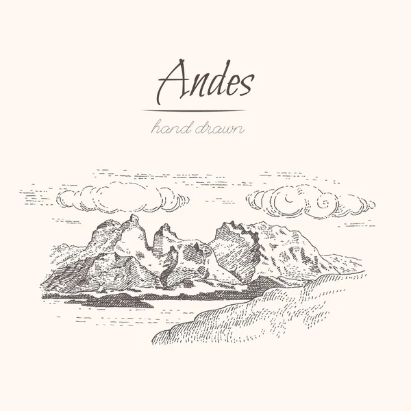 Andes. Stil oyma bir dağlarında, kroki, çizilmiş vektör çizim ver.