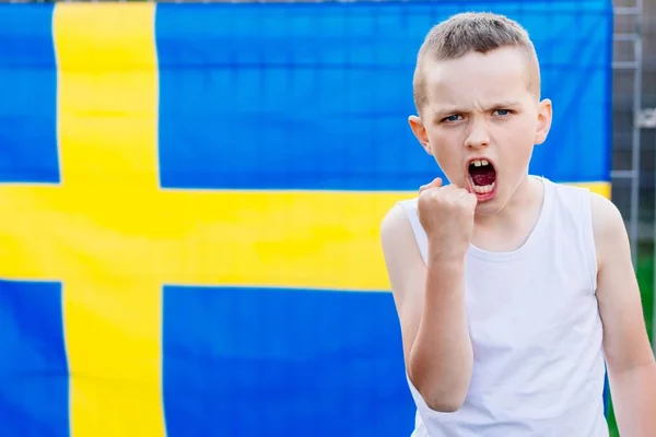 Kibiców Zespołu Szwecji Piłce Nożnej Chłopiec Dziecko Flaga Szwecji Fan — Zdjęcie stockowe