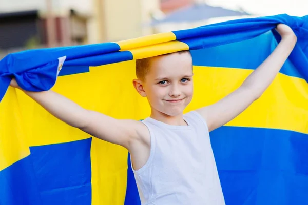 Sweden National Football Team Supporter Child Boy Sweden Flag Football — Stock Photo, Image