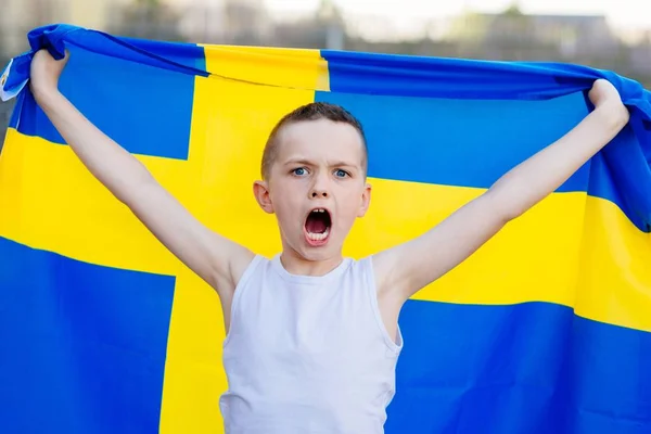 Sweden National Football Team Supporter Child Boy Sweden Flag Football — Stock Photo, Image