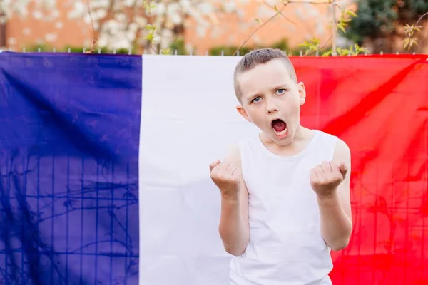 Ευτυχισμένο Παιδί Αγόρι Εθνική Σημαία Της Γαλλίας Γαλλικό Ποδόσφαιρο Ανεμιστήρα — Φωτογραφία Αρχείου