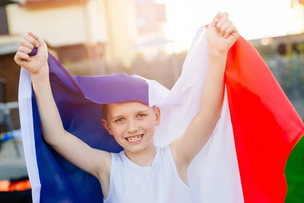 Joyeux Enfant Avec Drapeau National France Fan Football Français — Photo