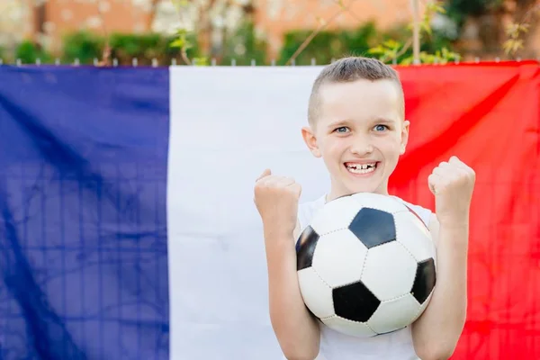 Lyckligt Barn Pojke Med Frankrike Flagga Fransk Fotboll Fläkt — Stockfoto