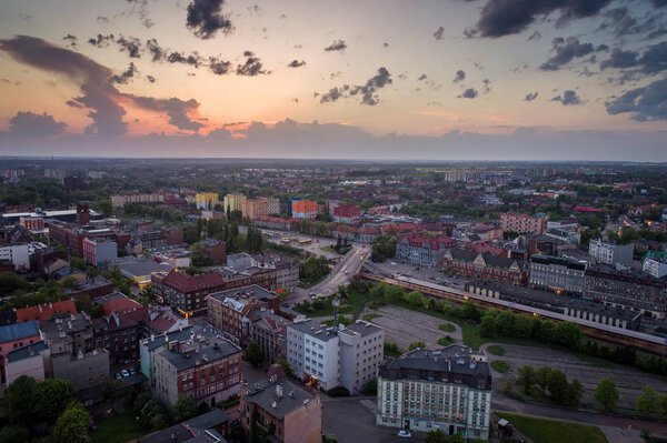 Aerial drone view on Zabrze city at dusk. Zabrze, Silesia, Poland