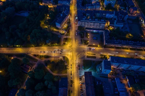 Aerial Drone View Night Street Zabrze City Zabrze Silesia Poland — Stock Photo, Image