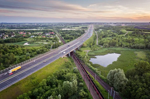 Luchtfoto Vracht Trein Snelweg Vervoer Logistiek Concept Zabrze Silezië Polen — Stockfoto